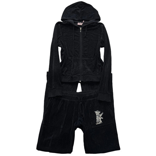 Vintage Juicy Couture Womens Black Velour Tracksuit Set Hoodie & Pant Y2k Size L