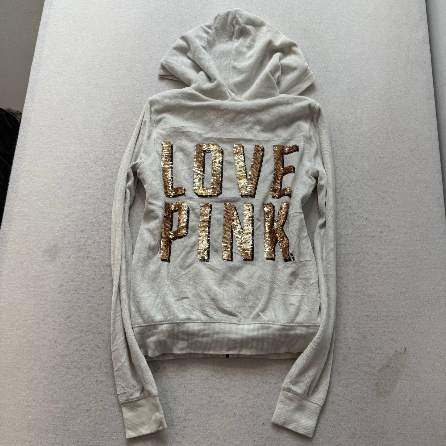 Victoria's Secret PINK White Faux Fur-Lined Zip-Up Hoodie Gold Sequin Size XS