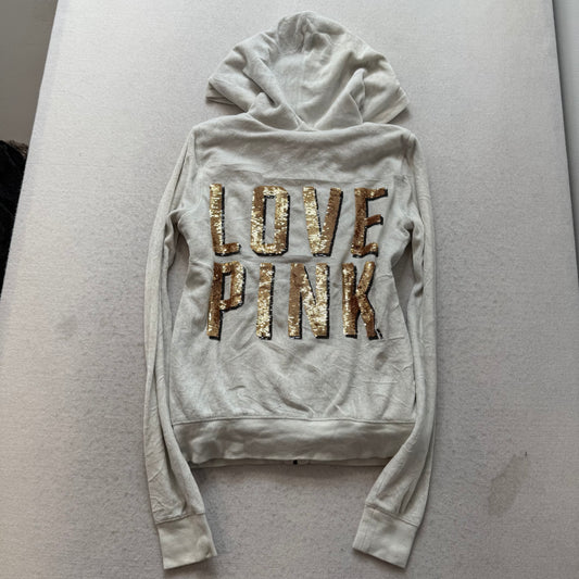Victoria's Secret PINK White Faux Fur-Lined Zip-Up Hoodie Gold Sequin Size XS
