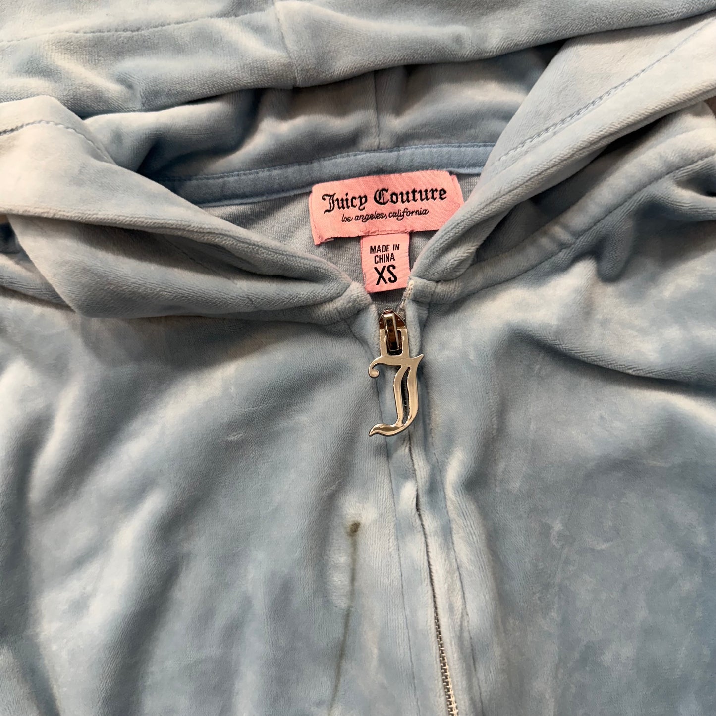 Juicy Couture Women's Slate Blue Velour Zip-Up Cropped Hoodie Rhinestone Size XS