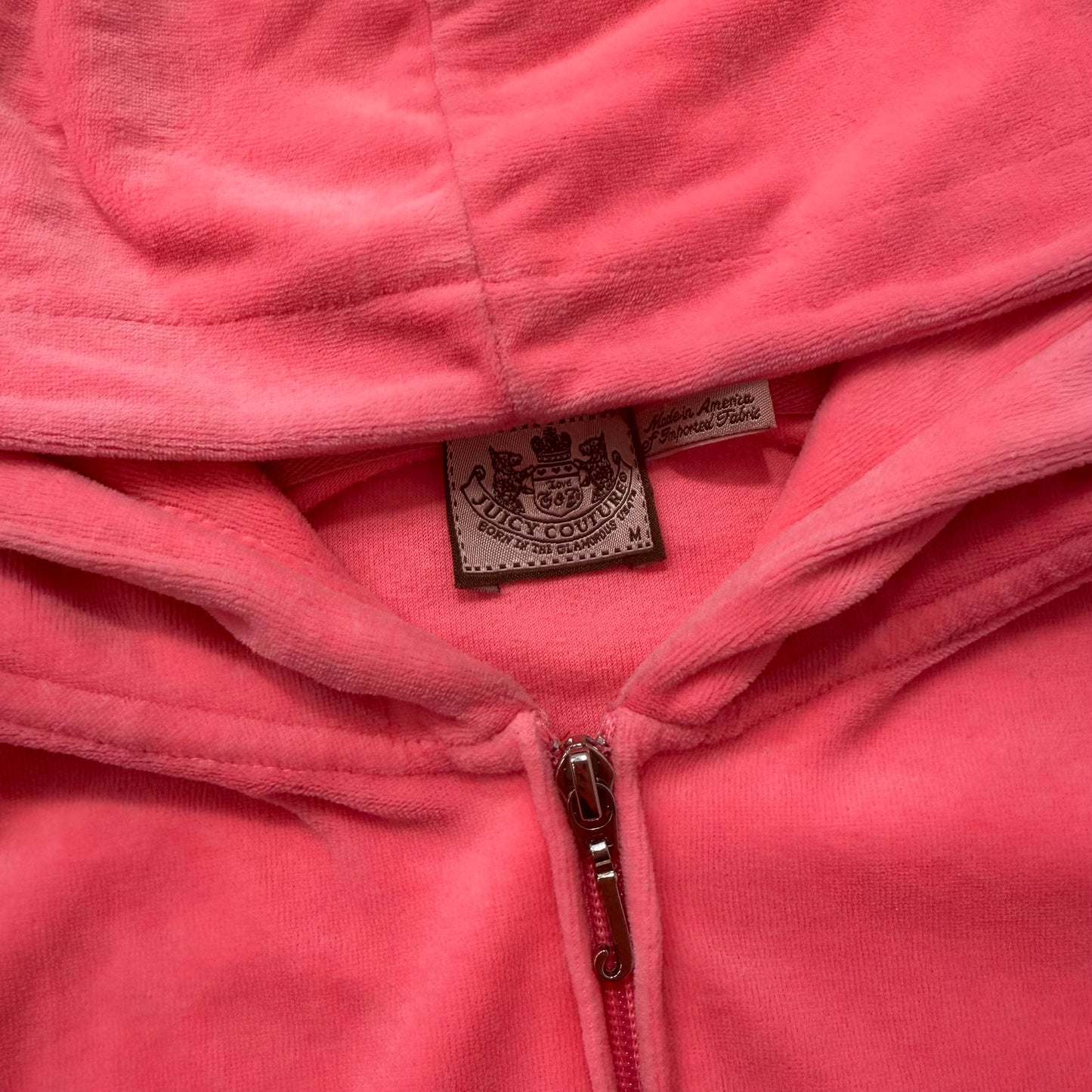 Juicy Couture Womens Vibrant Pink Velour Zip-Up Hoodie Loungewear Pockets Size M