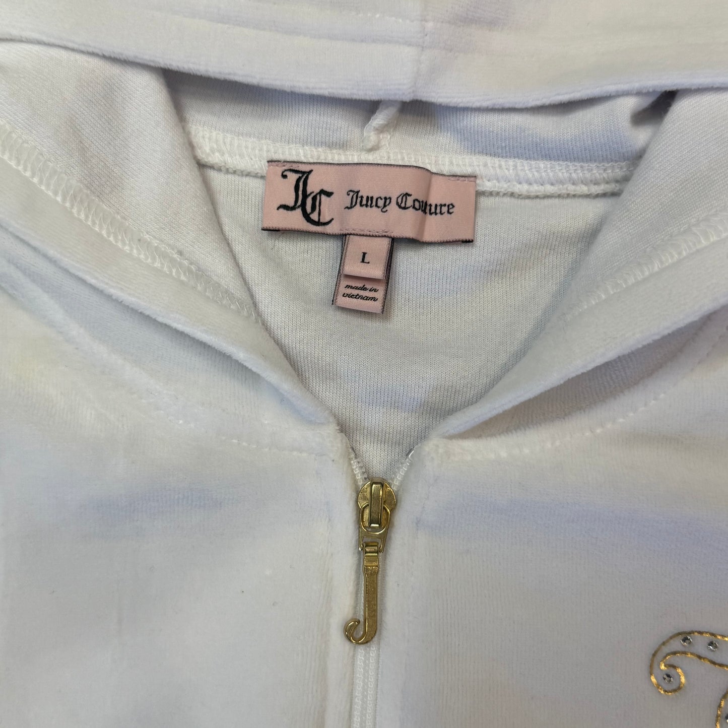 Juicy Couture Women's White Velour Zip-Up Hoodie Pockets Rhinestone Logo Size L