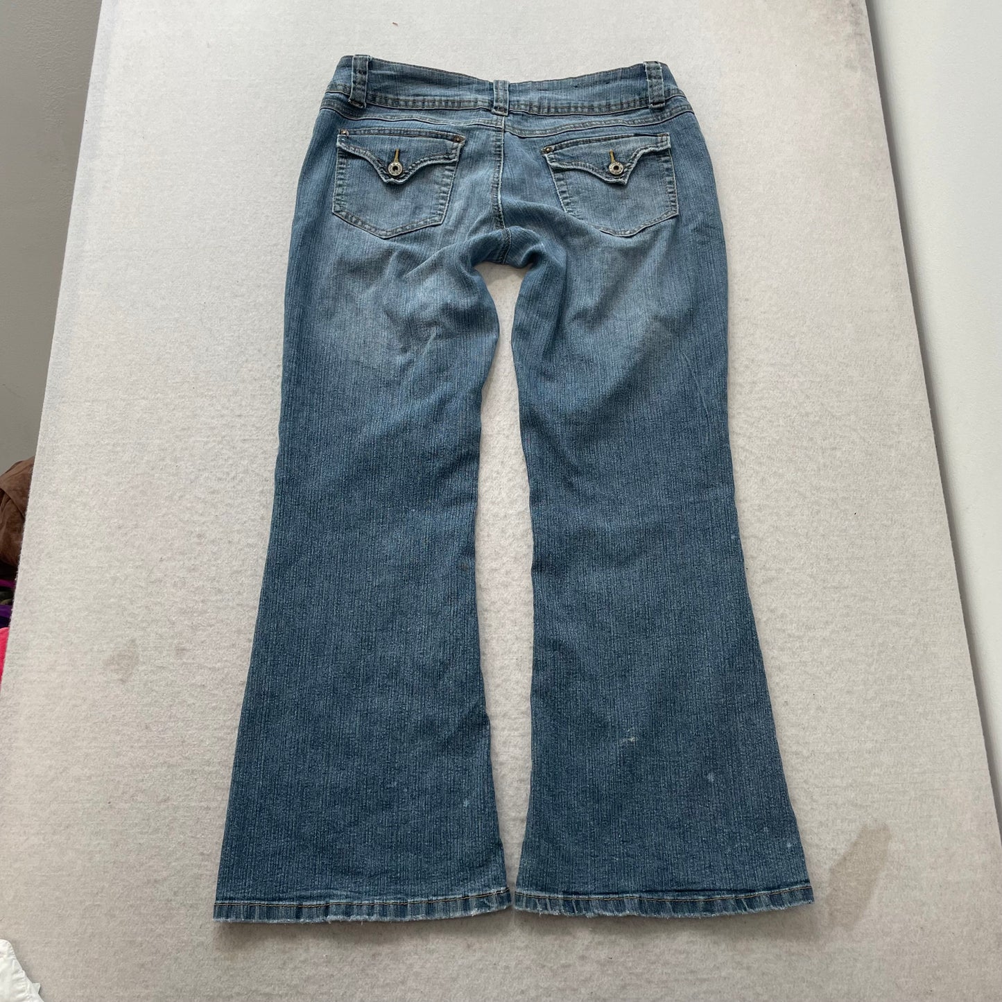 Angels Women's Blue Flared Leg Bootcut Jeans Back Flap Pockets Classic Size W32