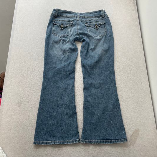 Angels Women's Blue Flared Leg Bootcut Jeans Back Flap Pockets Classic Size W32