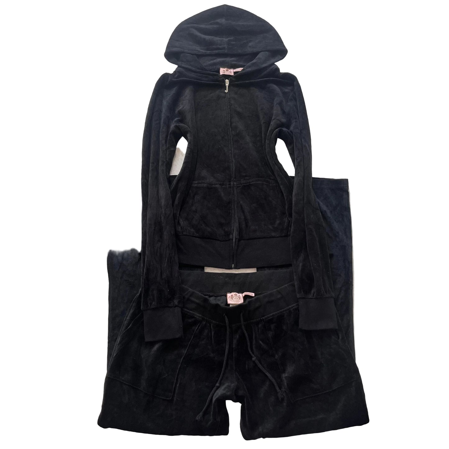 Juicy Couture Womens Black Velour Tracksuit Set Zip-Up Hoodie & Flared Pant - XL