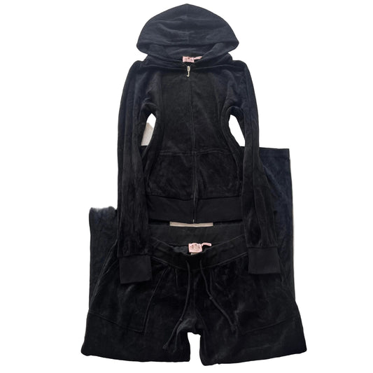 Juicy Couture Womens Black Velour Tracksuit Set Zip-Up Hoodie & Flared Pant - XL