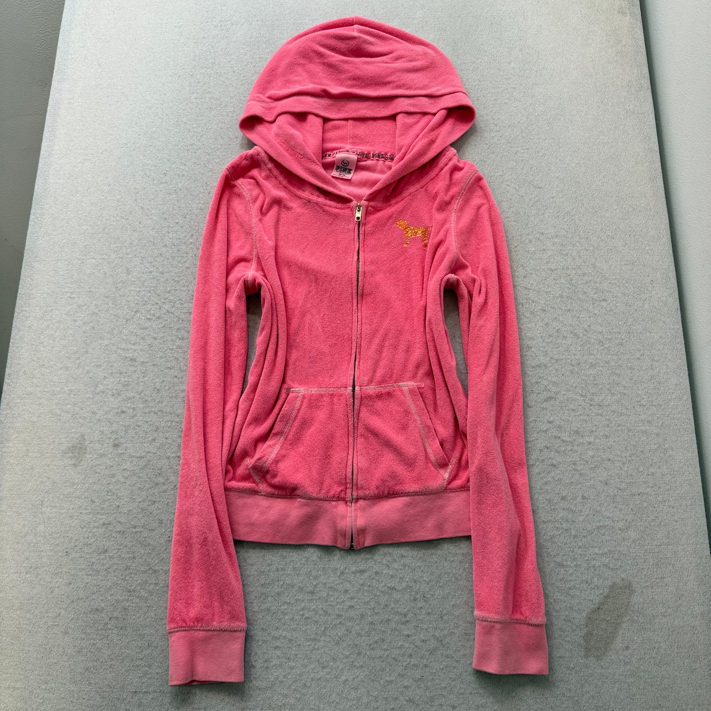 Victoria's Secret PINK Women's Pink Terry Cloth Zip-Up Hoodie Pockets Size M