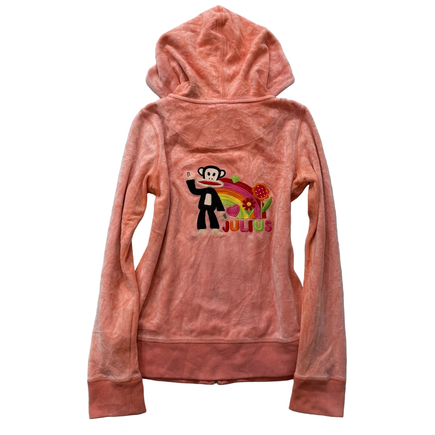 Paul Frank Womens Coral Pink Velour Zip Up Hoodie Embroidered Monkey Logo Size S