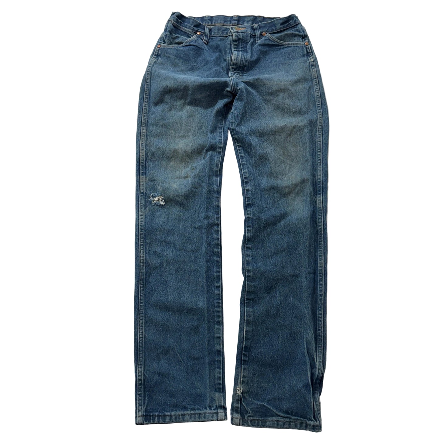 Wrangler Mens Blue Straight Denim Jeans Cowboy Cut Distressed Classic Size 32x34
