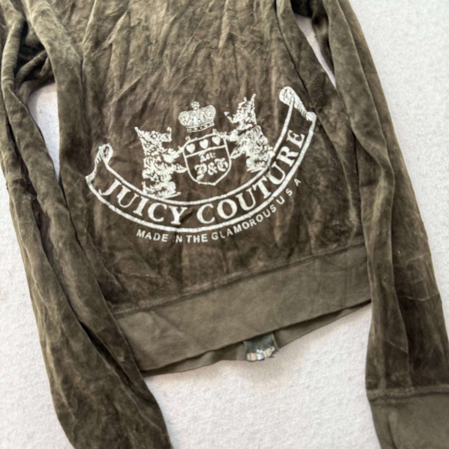 Juicy Couture “Scottie Dog” Women Olive Green Velour Full Zip Hoodie Logo Size M