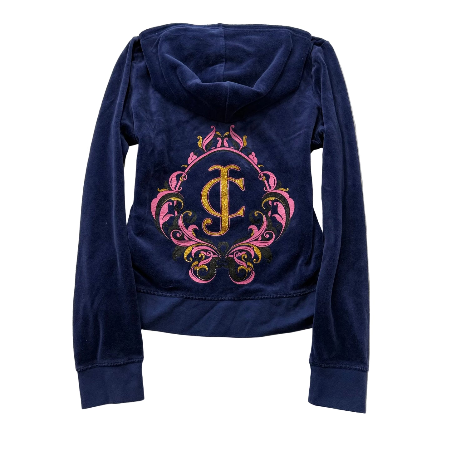 Juicy Couture Women's Navy Velour Zip-Up Hoodie Back Crest Graphic Logo Size XL
