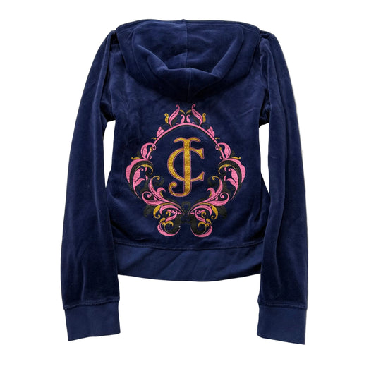 Juicy Couture Women's Navy Velour Zip-Up Hoodie Back Crest Graphic Logo Size XL