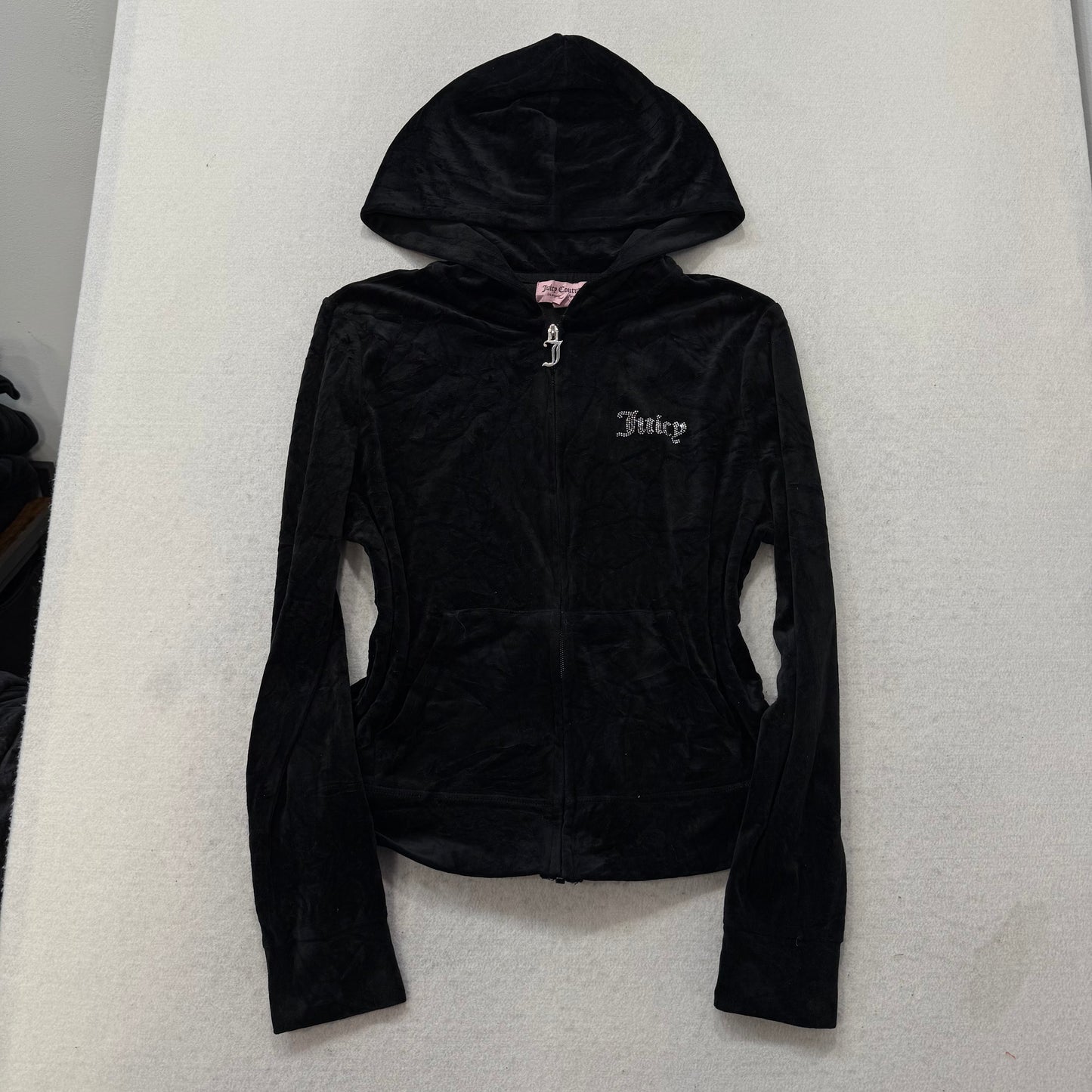 Juicy Couture Jet Black Velour Tracksuit Set Zip Up Hoodie & Flared Pant Size L