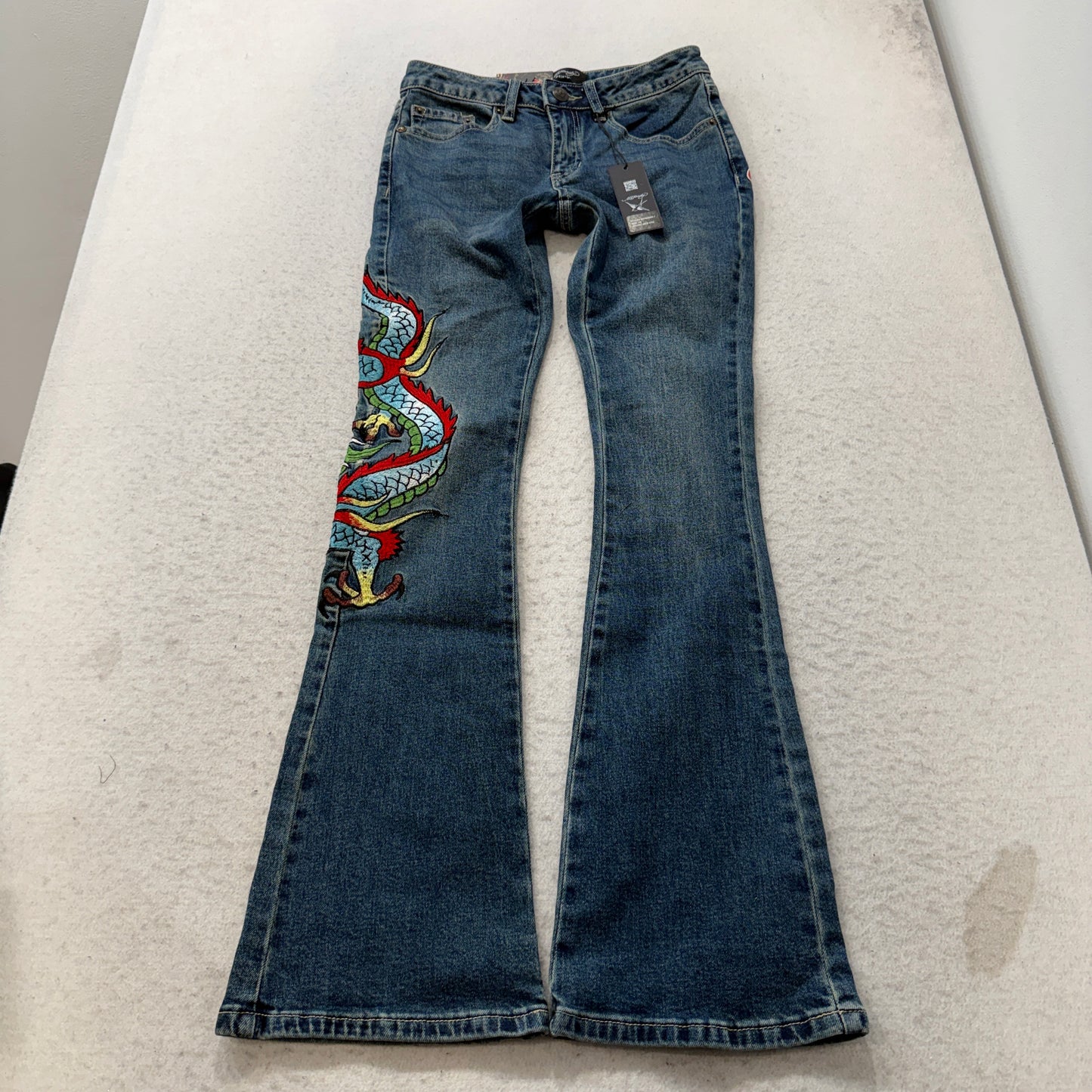 Ed Hardy Embroidered Dragon Women's Blue Flare Denim Jeans Tattoo Print Size 24