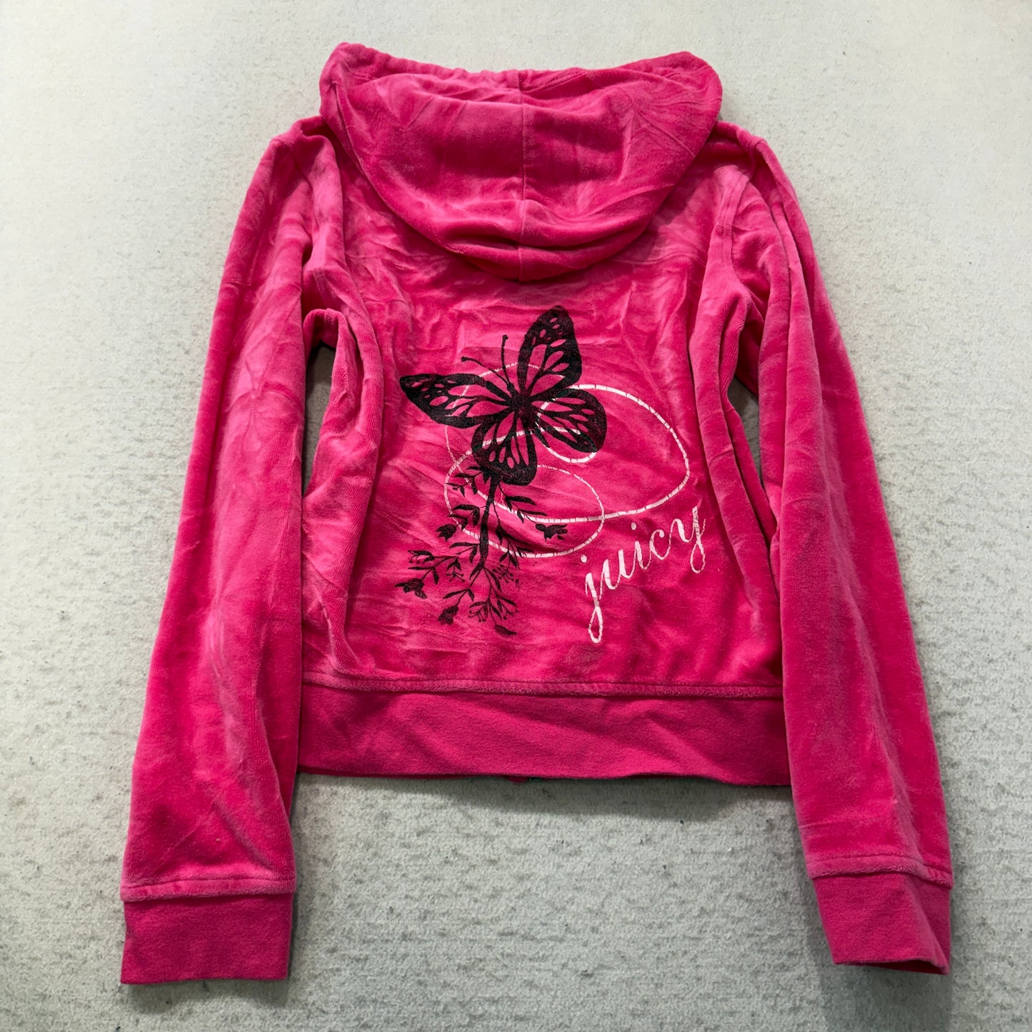 Juicy Couture Women's Pink Velour Zip-Up Hoodie Butterfly Graphic Pockets Size M
