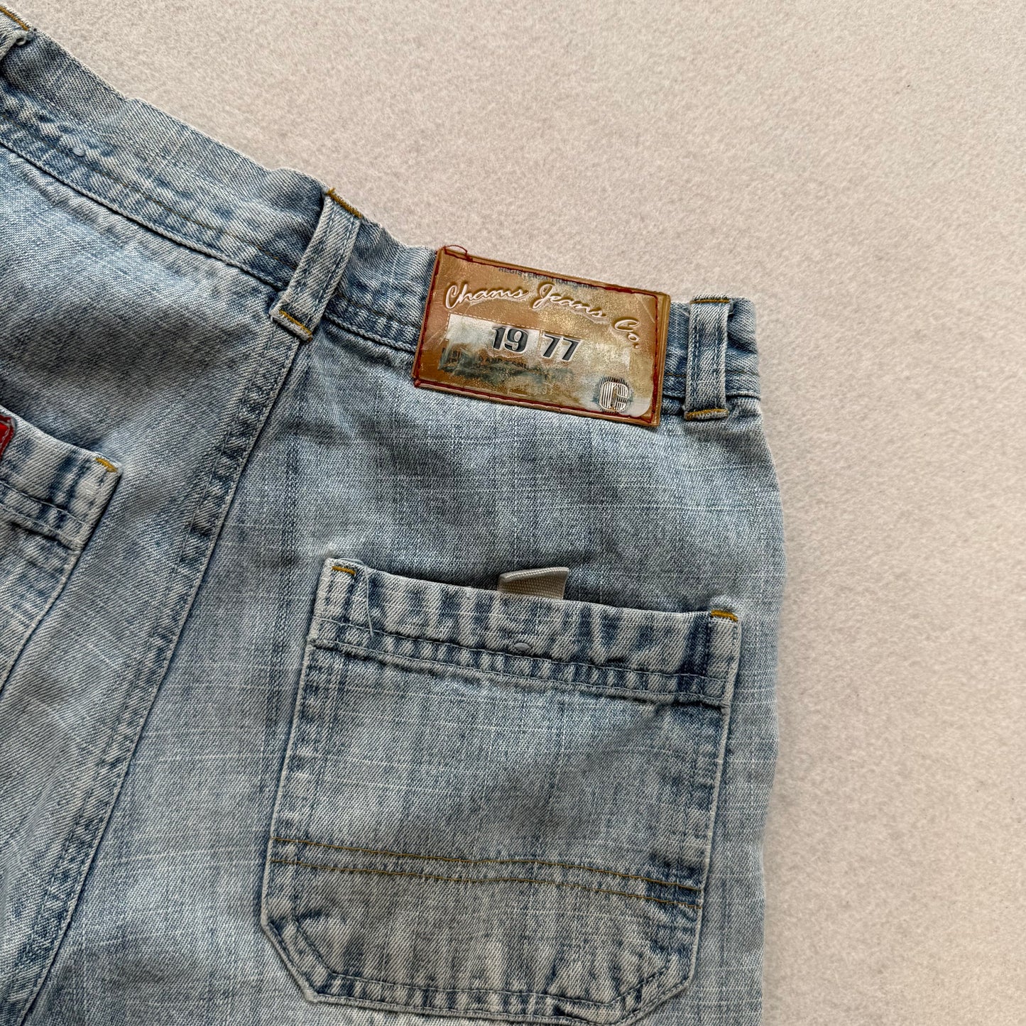 Chams Jeans Est 1977 Men's Blue Light Wash Denim Cargo Shorts Baggy Pockets Y2K