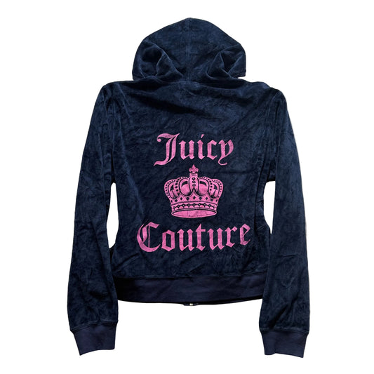 Juicy Couture Women's Navy Velour Zip-Up Hoodie Crown Logo Pockets Y2k Size XL