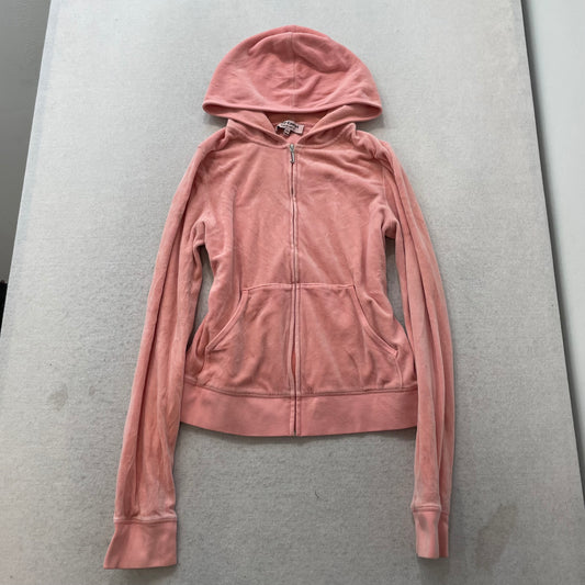Juicy Couture Women's Coral Pink Velour Zip Up Hoodie Abstract Landscape Size XL