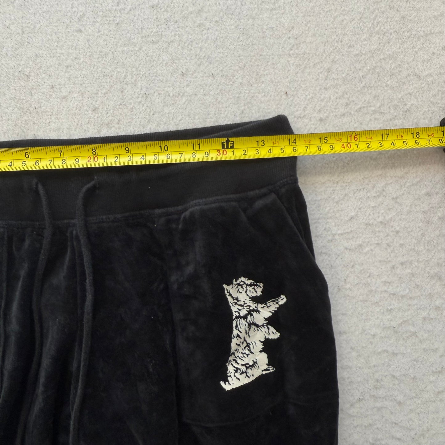 Juicy Couture Women's Black Velour Flared Track Pant Drawstring Dog Logo Size M