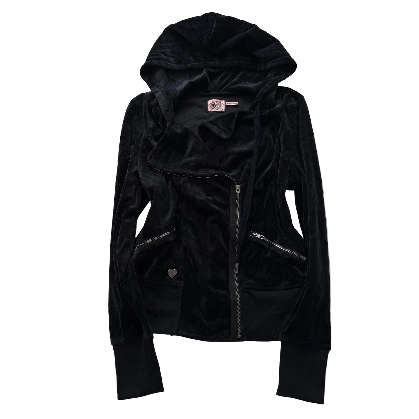 Juicy Couture Women's Black Velour Zip-Up Biker Hoodie Zip Pockets Y2K Size XL