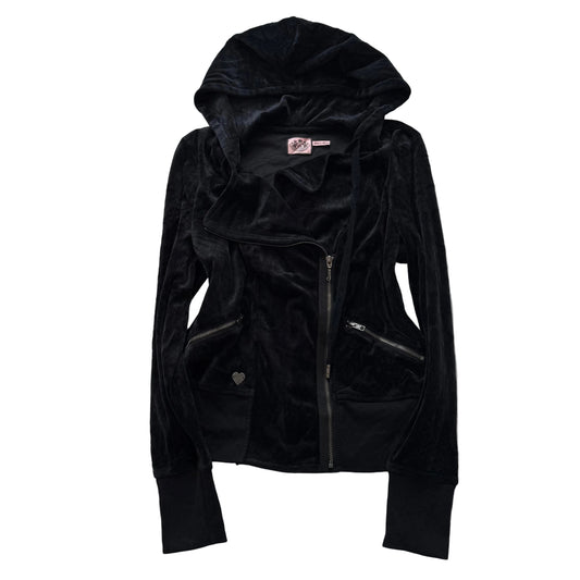 Juicy Couture Women's Black Velour Zip-Up Biker Hoodie Zip Pockets Y2K Size XL