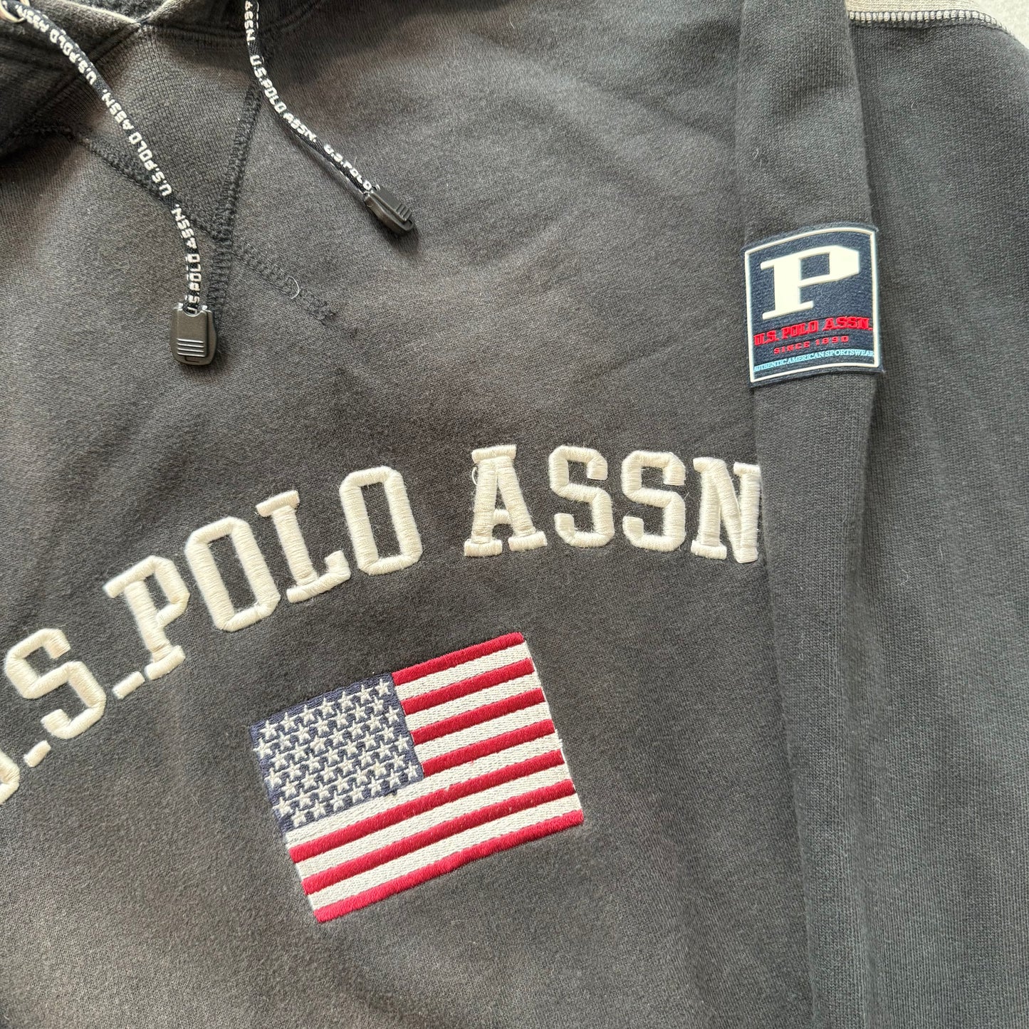 U.S. Polo Assn Men's Faded Black Cotton Pullover Hoodie Kangaroo Pocket Size 2XL