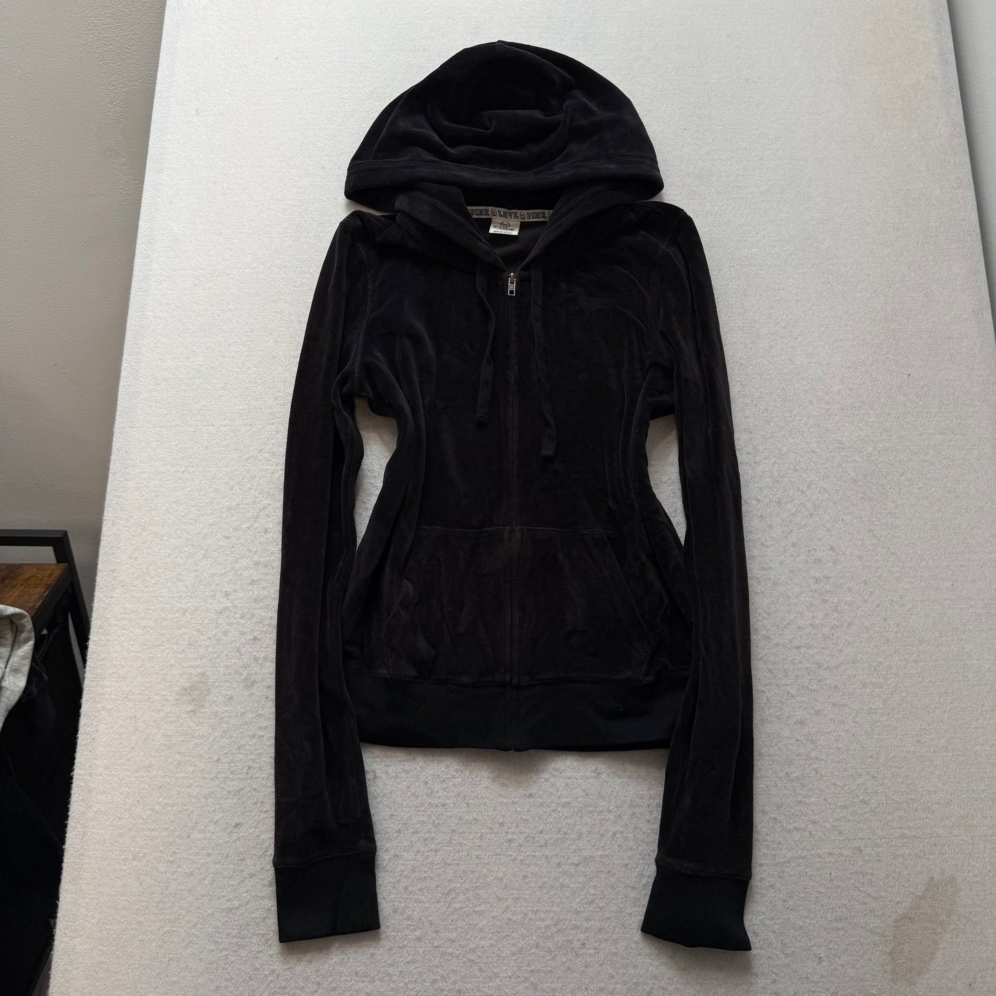 PINK Victoria's Secret Women's Black Velour Full Zip Hoodie Graphic Logo Size L