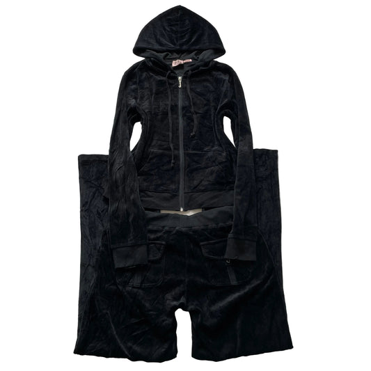 Vintage Juicy Couture Womens Black Velour Tracksuit Set Drawstring Y2k Size L/XL