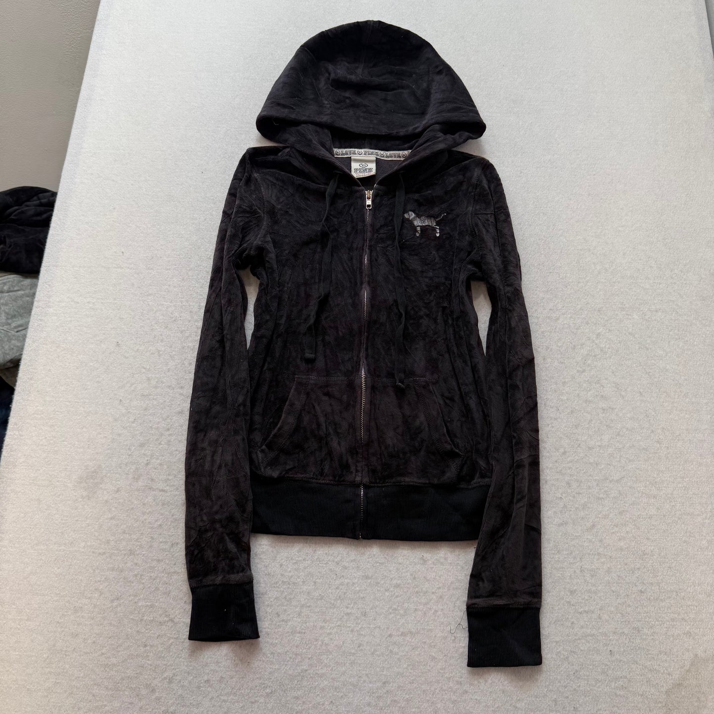 Victoria's Secret PINK Women Charcoal Velour Zip-Up Hoodie Silver Sequin Size XS