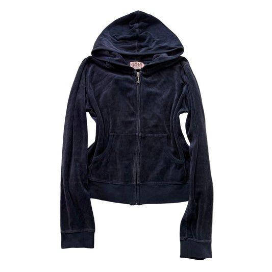 Vintage Juicy Couture Women's Navy Blue Velour Zip-Up Hoodie Pockets Y2k Size L