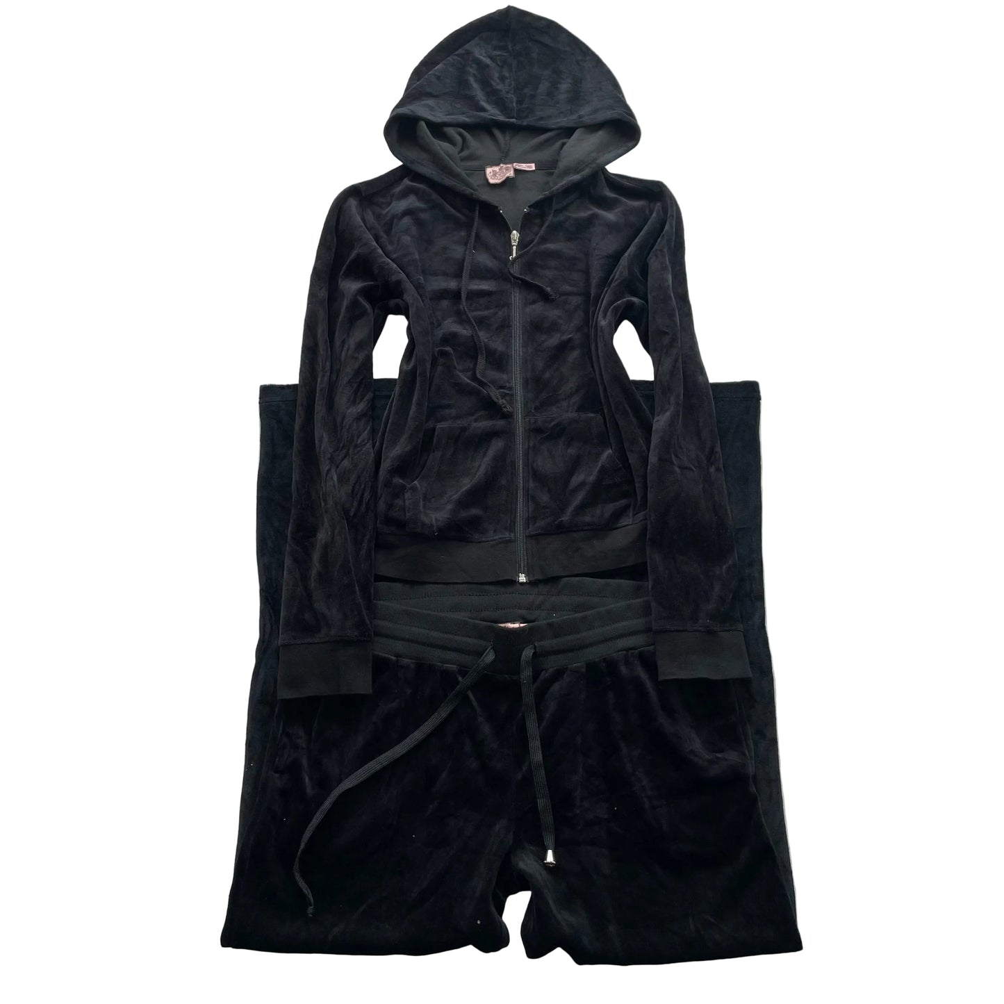 Juicy Couture Womens Black Velour Tracksuit Set Y2k Hoodie & Flared Pant Size XL