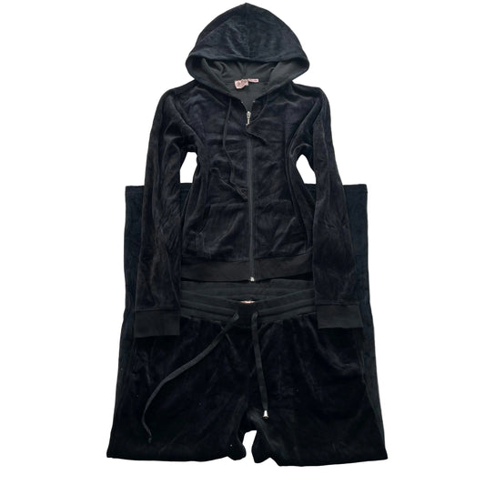 Juicy Couture Womens Black Velour Tracksuit Set Y2k Hoodie & Flared Pant Size XL