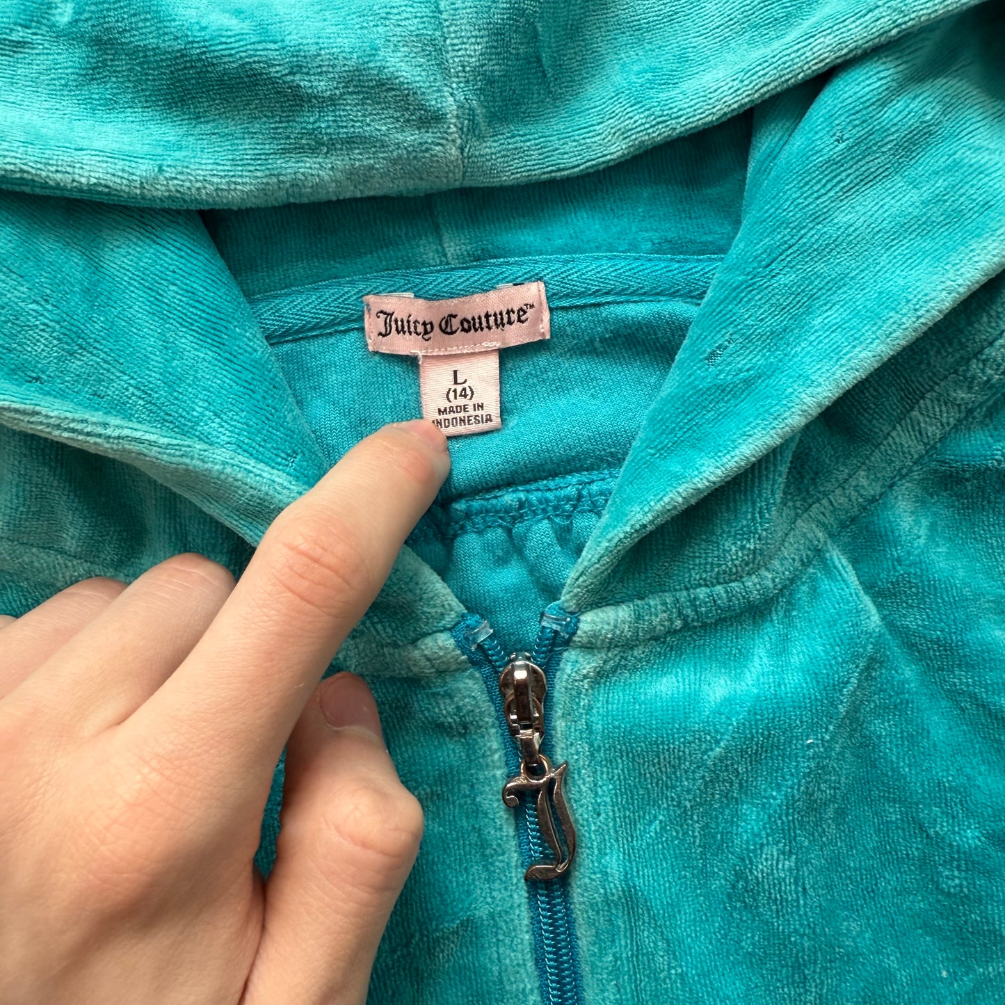 Juicy Couture Womens Teal Velour Zip-Up Hoodie Unicorn Graphic Logo Y2K Size L