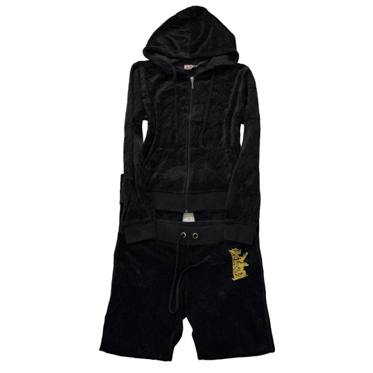 Vintage Juicy Couture Womens Black Velour Tracksuit Set Hoodie & Pant Y2k Size S