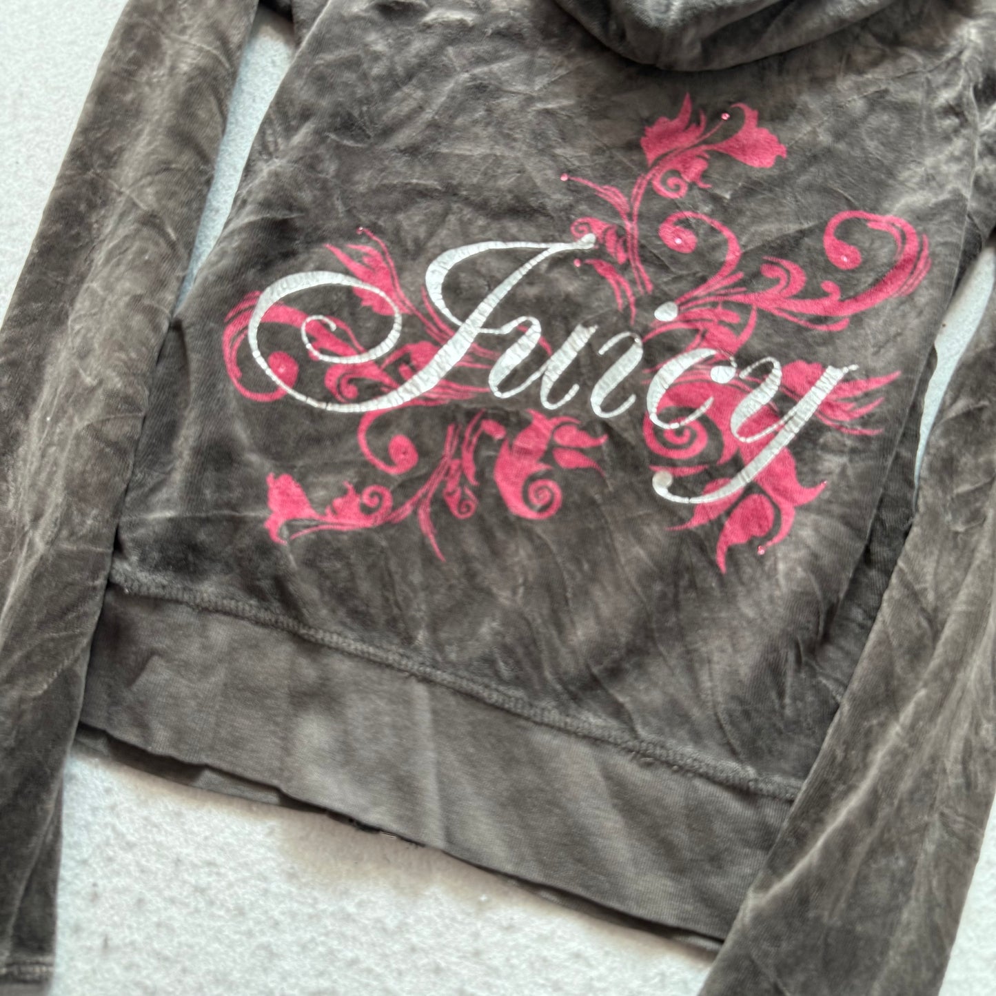 Vintage Juicy Couture Womens Chocolate Brown Velour Zip-Up Hoodie Graphic Size L