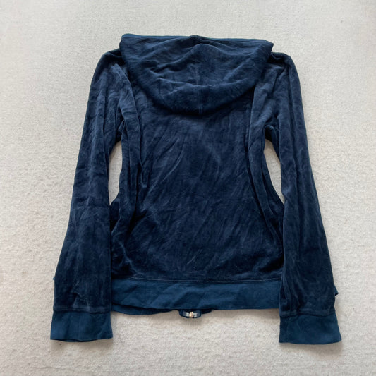 Vintage Juicy Couture Women's Navy Velour Zip-Up Hoodie Pocket Streetwear Size L