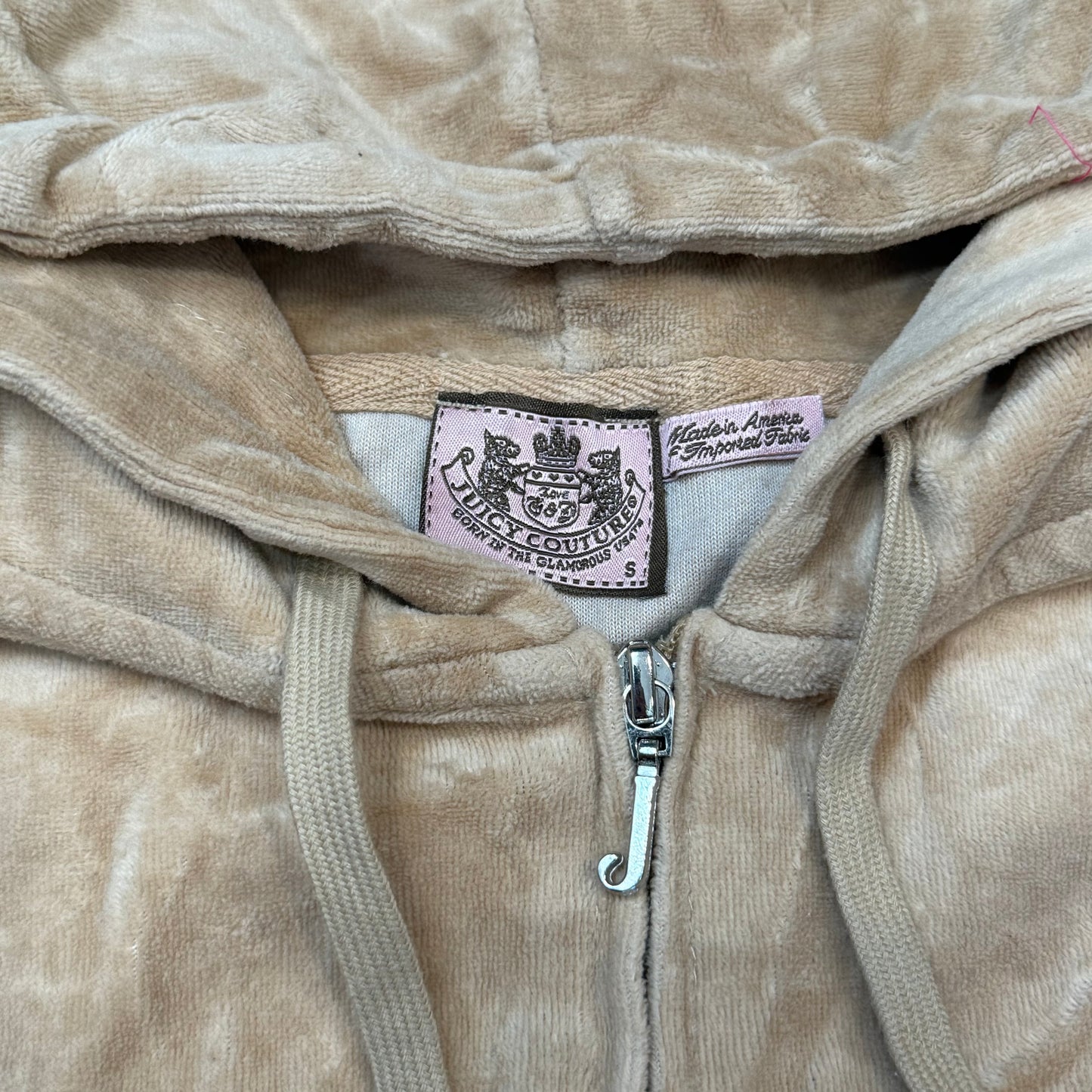 Vintage Juicy Couture Women Beige Velour Zip-Up Hoodie Drawstring Pockets Size S