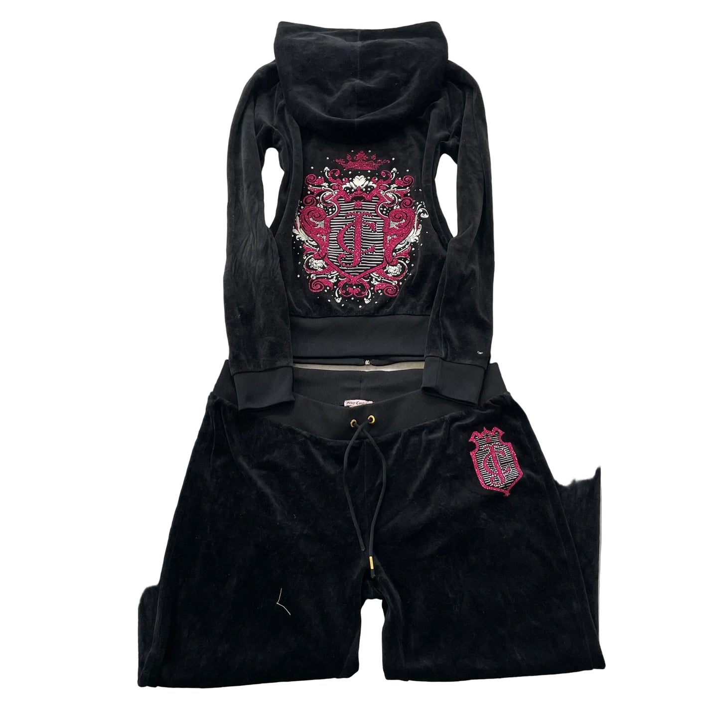 Juicy Couture Women's Black Velour Tracksuit Sets Graphic Hoodie & Pant Size S/L