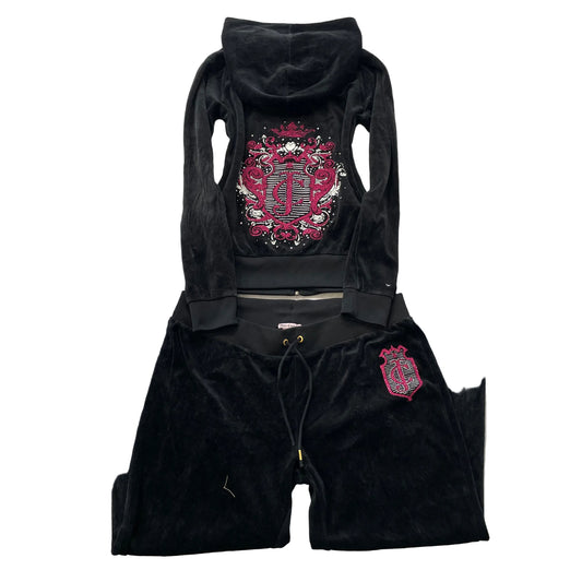 Juicy Couture Women's Black Velour Tracksuit Sets Graphic Hoodie & Pant Size S/L