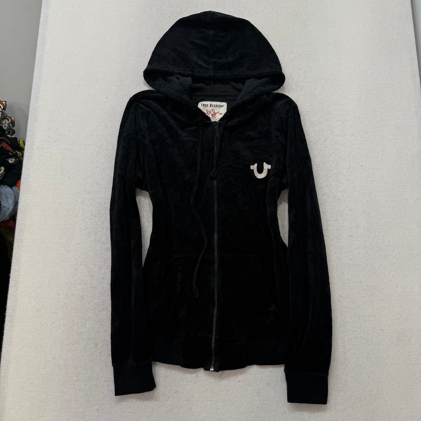 Vintage True Religion Womens Black Velour Zip Up Hoodie Buddha Rhinestone Size L