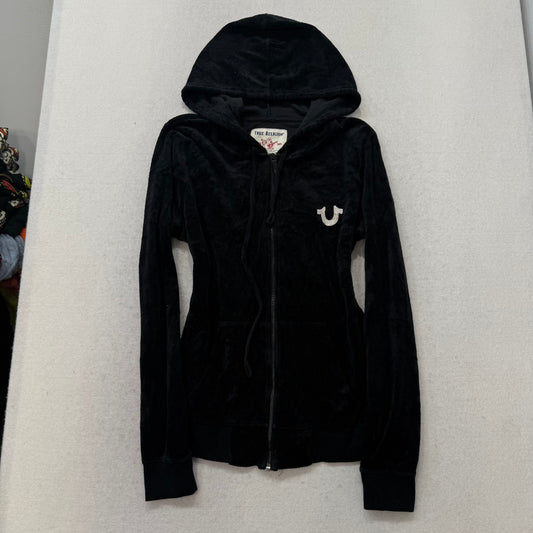 Vintage True Religion Womens Black Velour Zip Up Hoodie Buddha Rhinestone Size L