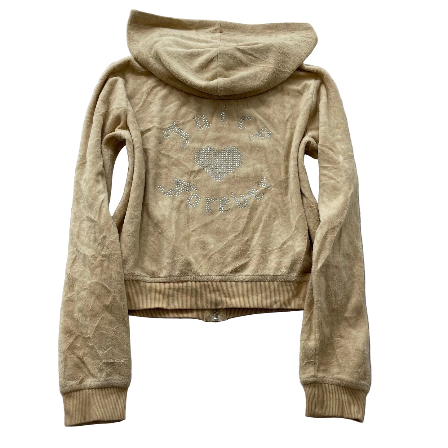 Juicy Couture Forever 21 Women Beige Velour Zip-Up Hoodie Rhinestone Logo Size S