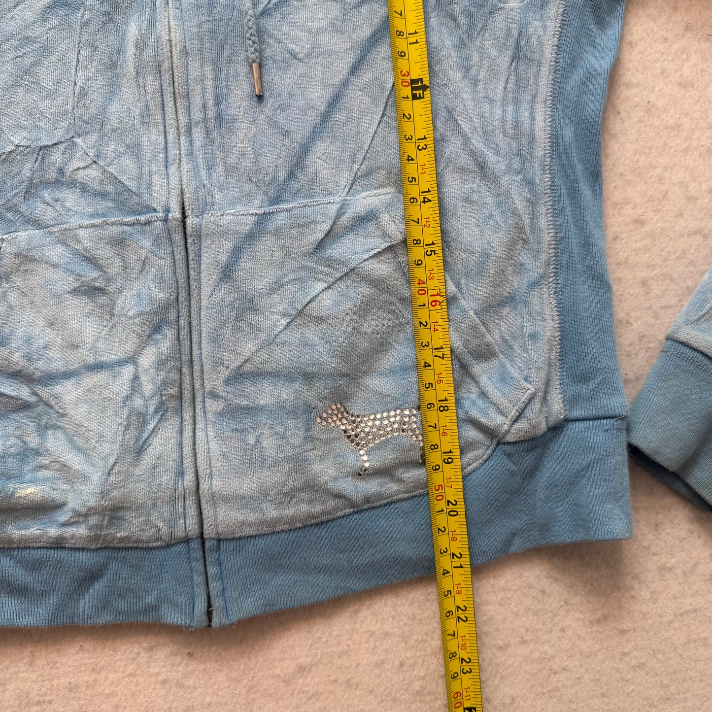 Victoria's Secret PINK Women's Blue Velour Zip-Up Hoodie Rhinestone Logo Size M