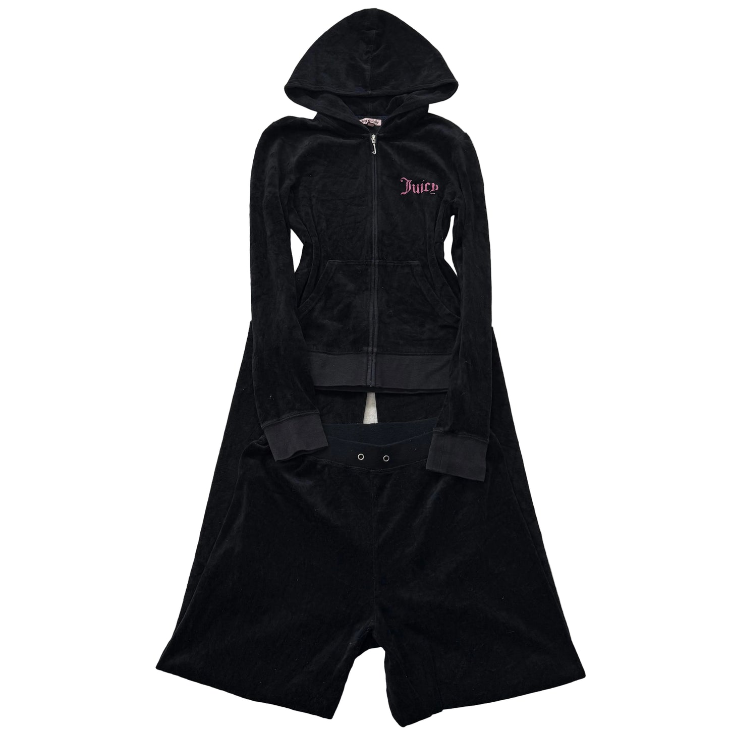 Juicy Couture Black Velour Tracksuit Set Zip Up Hoodie & Flare Pant Logo Size M
