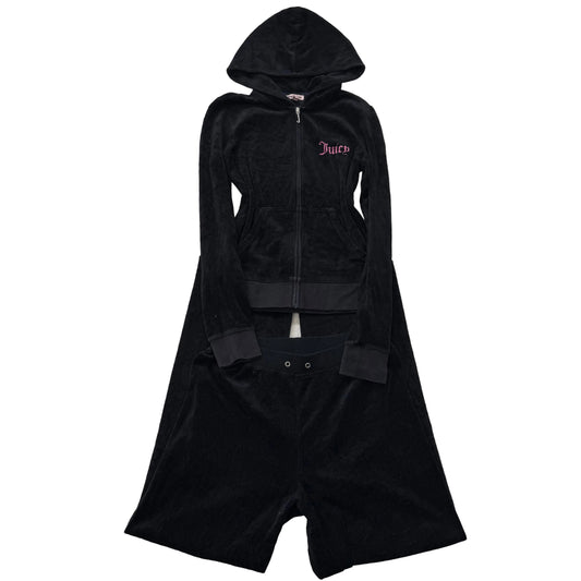 Juicy Couture Black Velour Tracksuit Set Zip Up Hoodie & Flare Pant Logo Size M