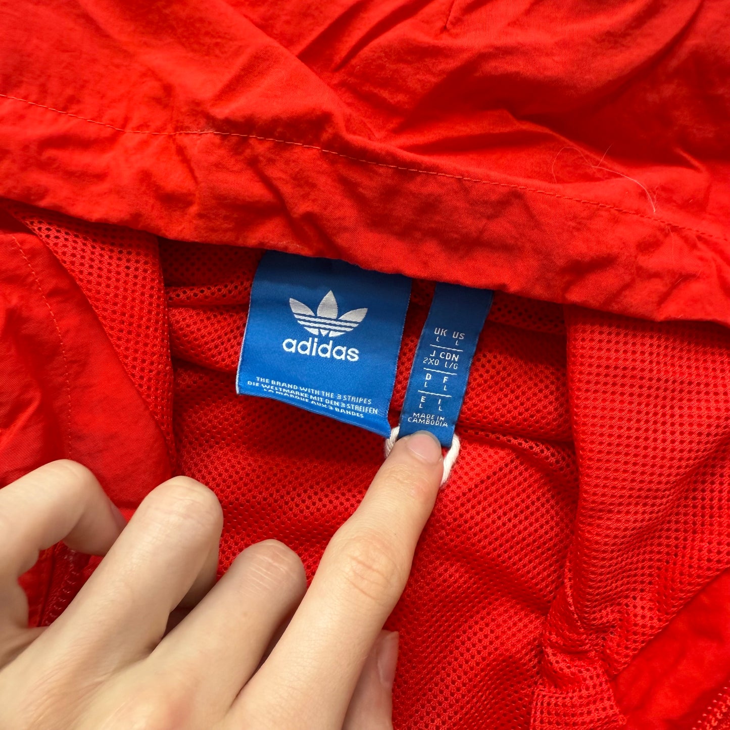 Adidas Men's Bright Red Polyester Zip Up Windbreaker Hoodie 3-Stripe Logo Size L