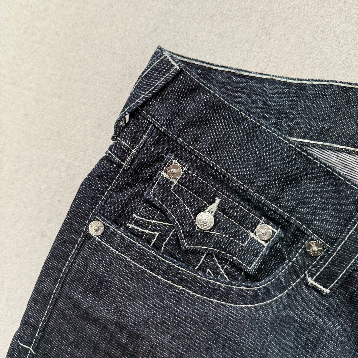 True Religion Ricky Men's Blue Straight Jeans Triple Stitch Flap Pocket Size 36