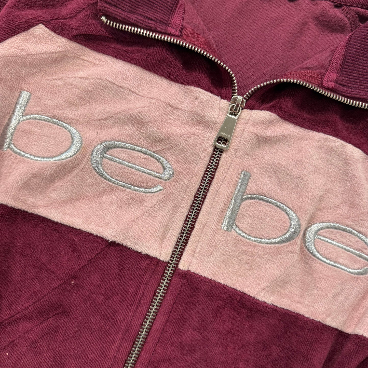 Bebe Women's Burgundy Velour Zip Up Track Jacket Embroidered Logo Pockets Size S