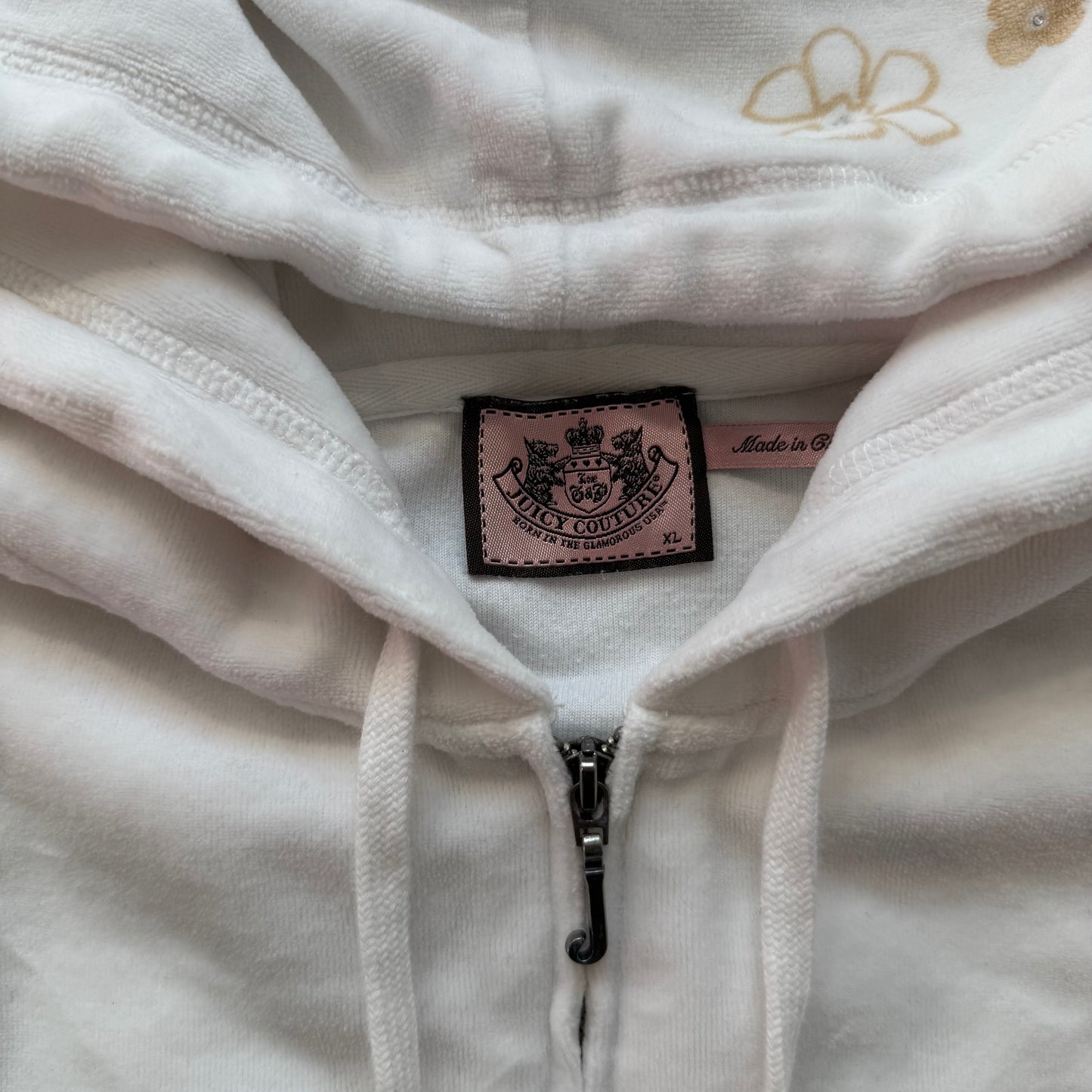 RARE Juicy Couture Womens White Velour Short Sleeve Floral Zip-Up Hoodie Size XL