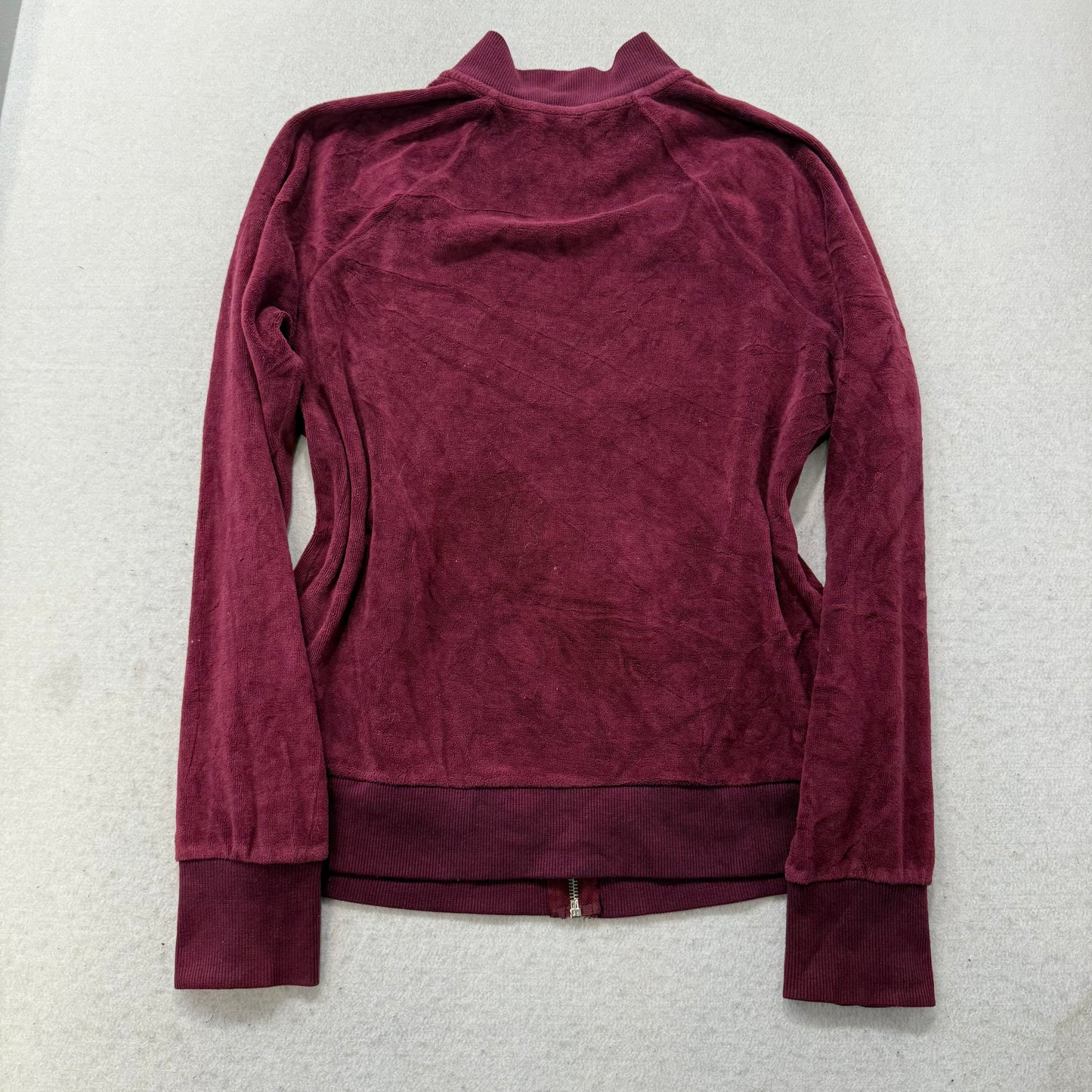 Bebe Women's Burgundy Velour Zip Up Track Jacket Embroidered Logo Pockets Size S